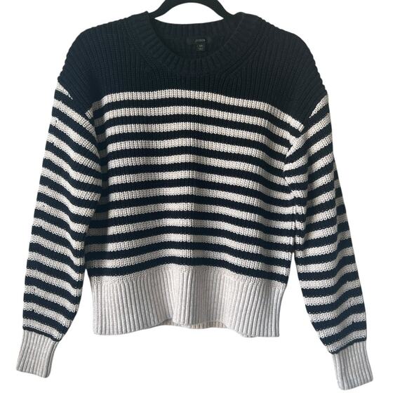 J. Crew Oversized Crewneck Striped Cotton Sweater Navy Black Ivory Size XS - Picture 2 of 10